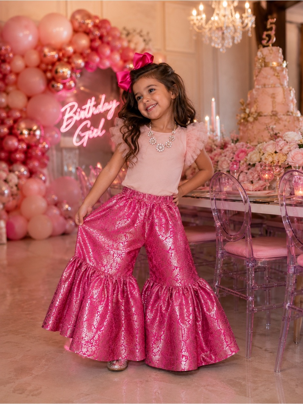 Pink silver Gold Brocade Ruffle Bell Bottom wide leg Pants 3/4T coquette